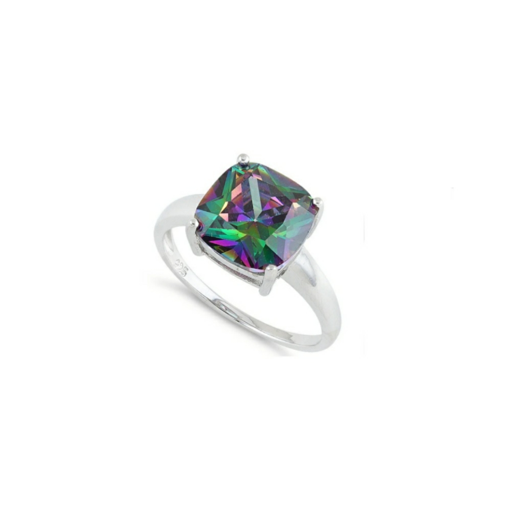 Rainbow Cushion Sterling Silver Ring